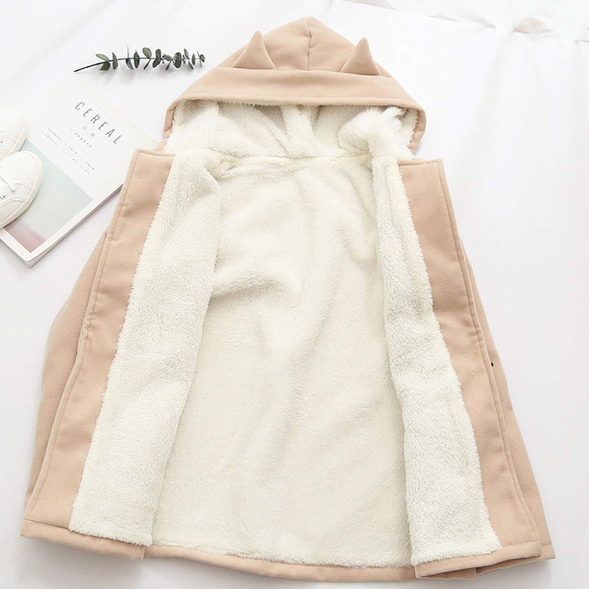 Woman's Winter Coats With Cap Kitty Print Pocket Thick Warm Fluffy Hooded Jacket